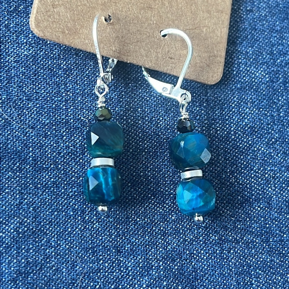 acid blue tigers eye Earrings on Sterling silver hooks